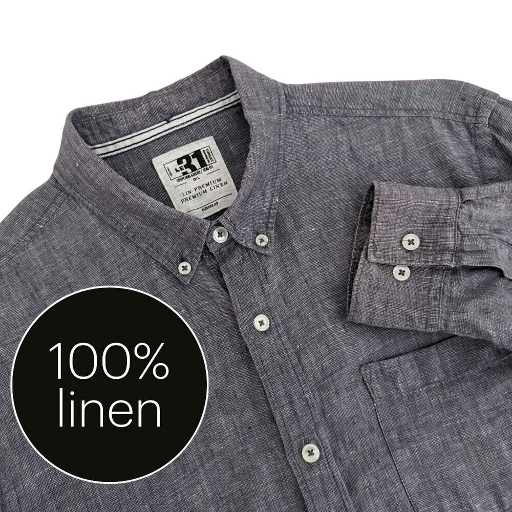 SIMONS LE 31 Grey Premium Linen Button Down Shirt Casual Long Sleeve g/l - Picture 3 of 13